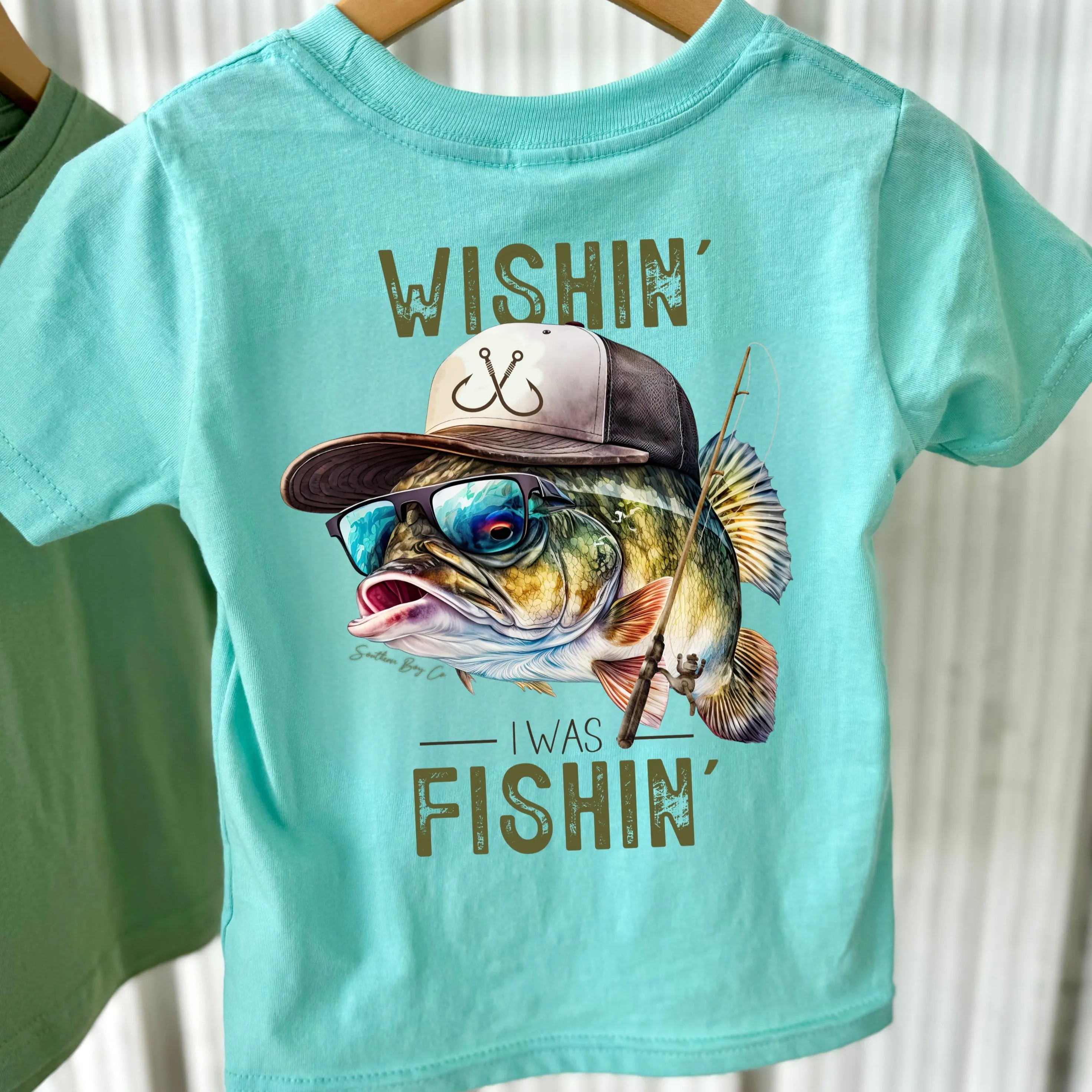 (Bass With Hat) Wishin’ I Was Fishin’ Short Sleeve Kids Tee