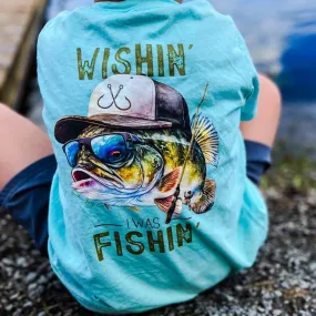 (Bass With Hat) Wishin’ I Was Fishin’ Short Sleeve Kids Tee