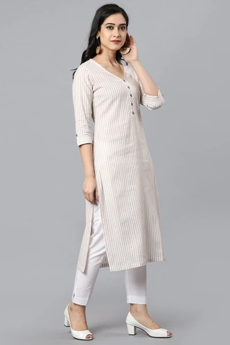 Beige V Neck Candy Cane Kurta