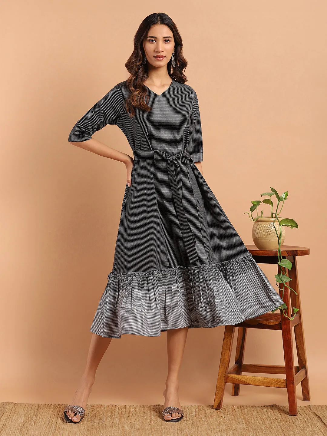 Black Cotton Striped Flared Western Dress