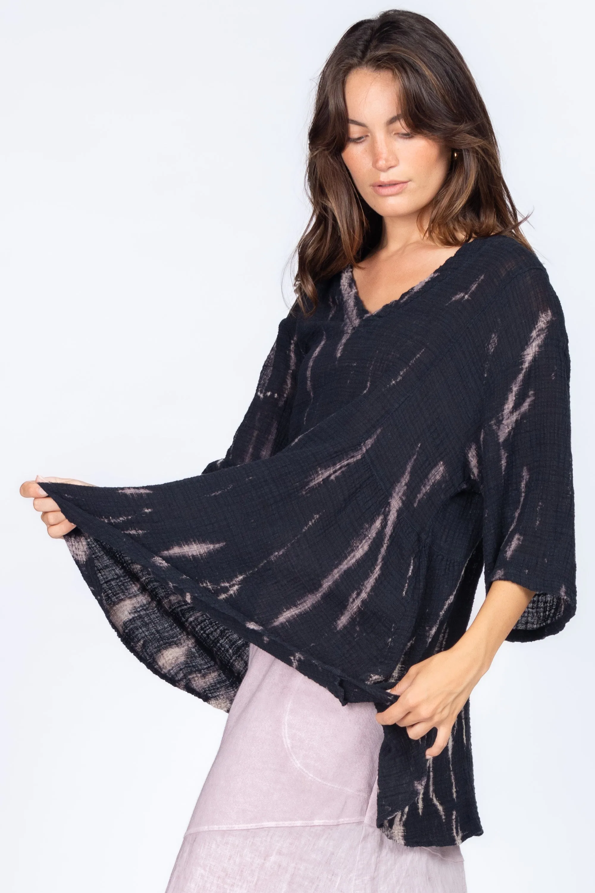 Black Discharge Dyed V-Neck Tunic