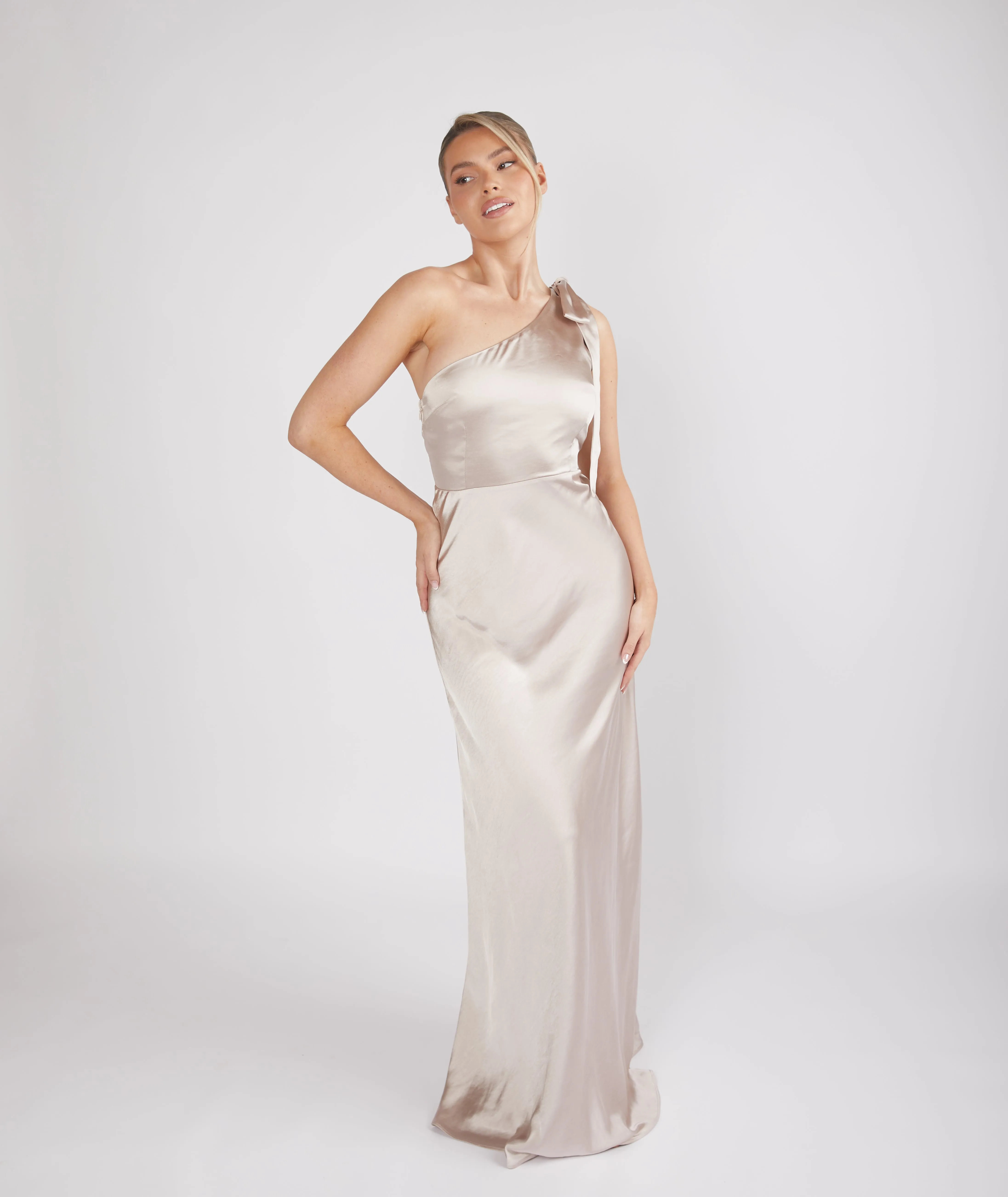 Bow One Shoulder Satin Bridesmaid Dress - Oyster