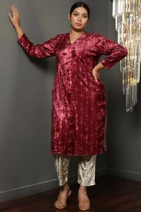 Deep Red Velvet V Neck Kurta