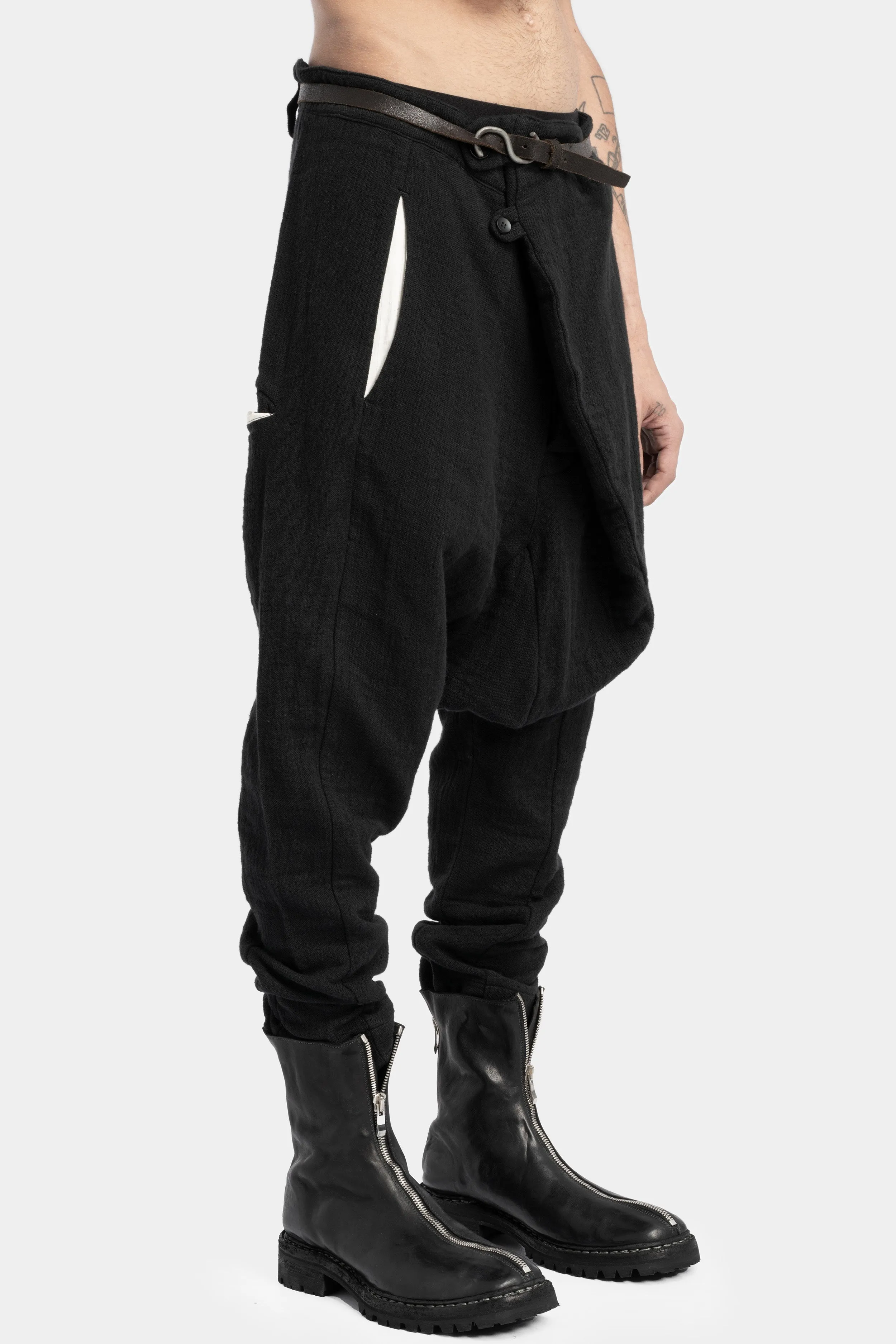 Drop crotch cross front pants