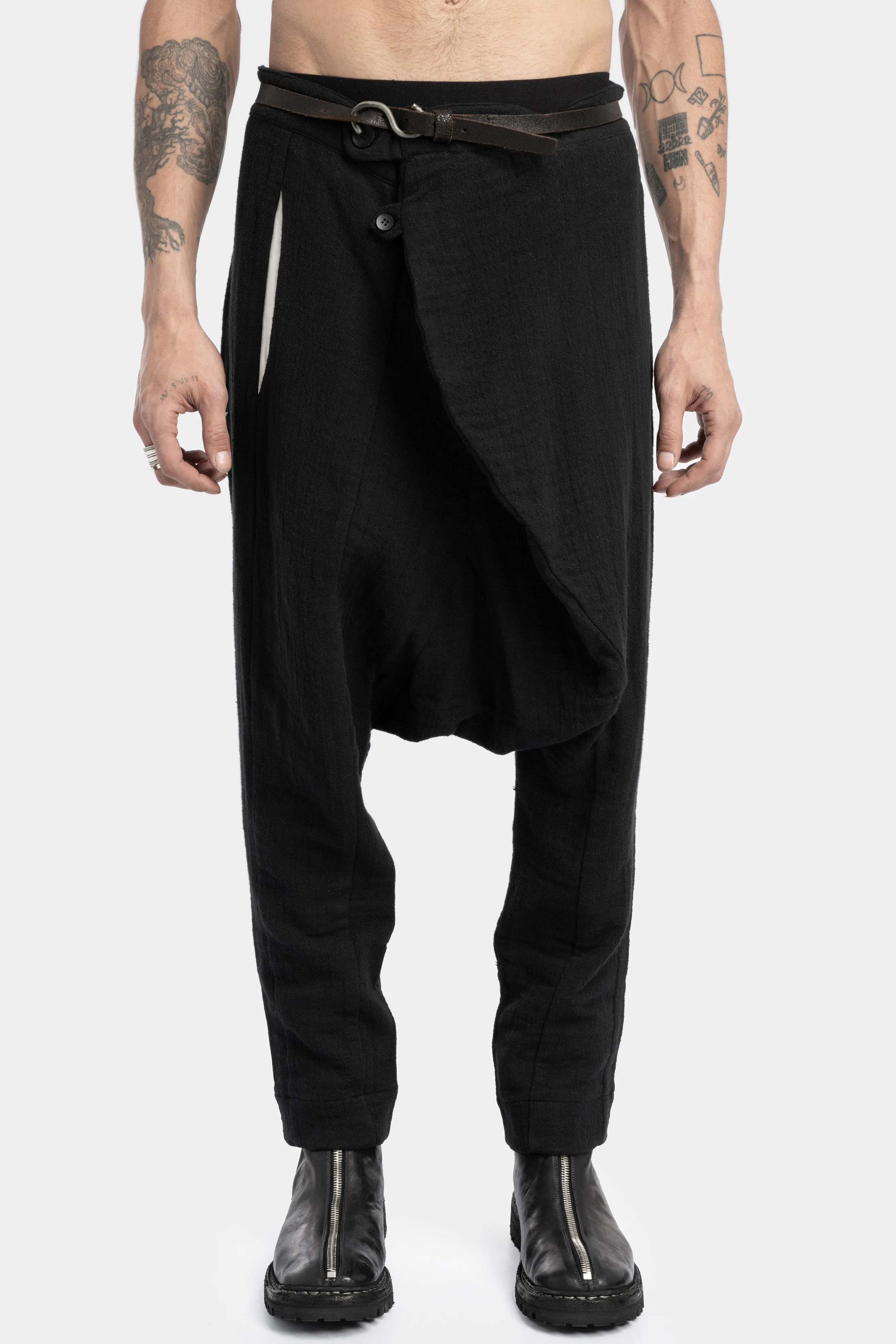 Drop crotch cross front pants