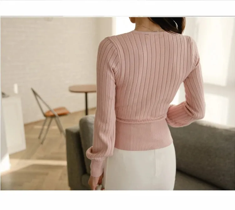 Elegant Pink V Neck Lantern Sleeve Sweater