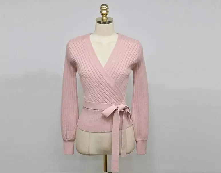 Elegant Pink V Neck Lantern Sleeve Sweater