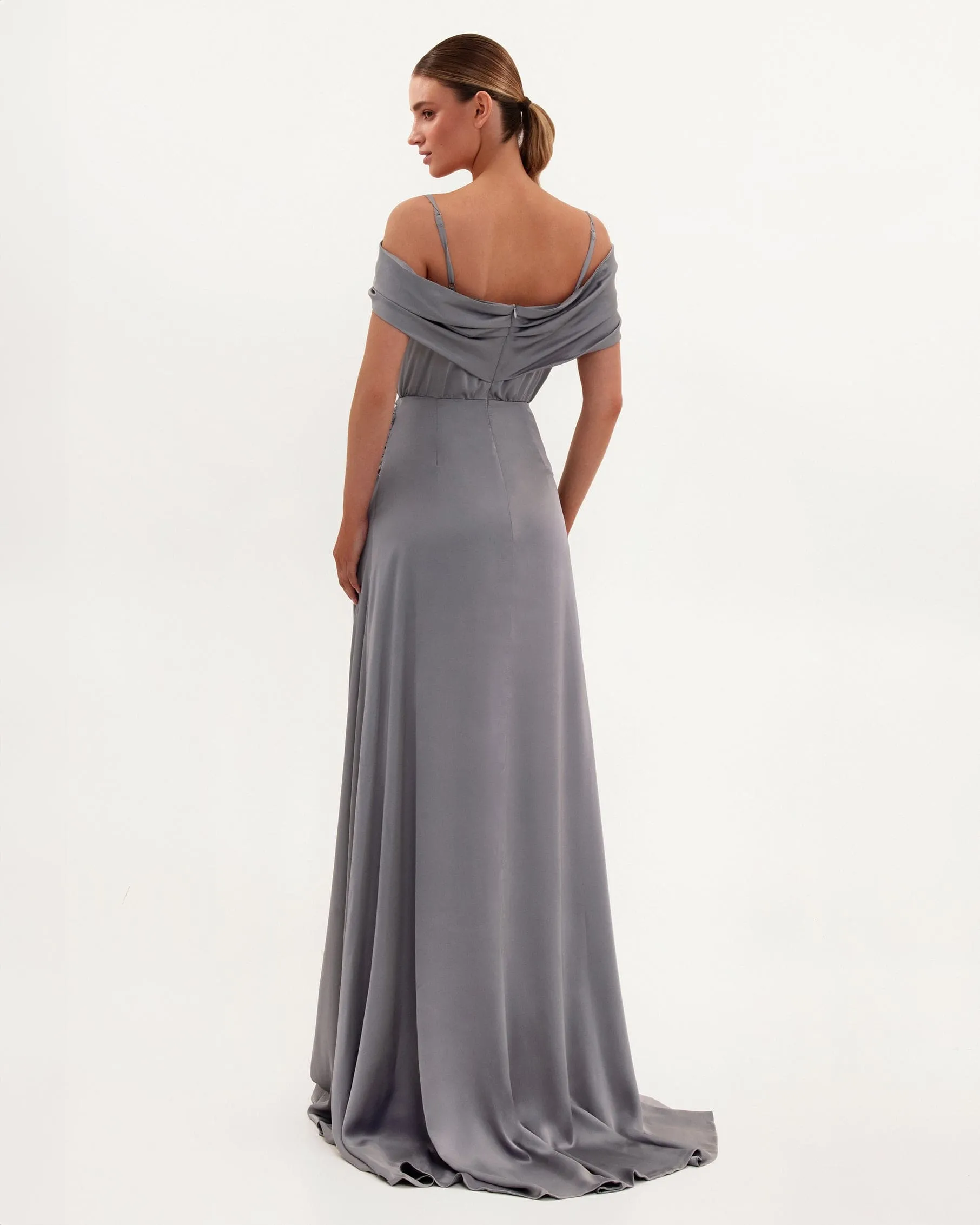 Elegant silver off-the-shoulder silk maxi dress