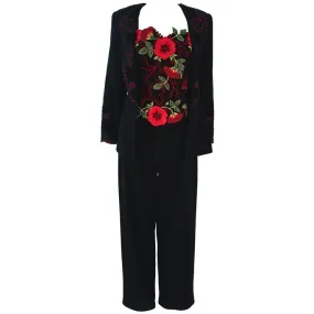 FE ZANDI Vintage Black Floral Bustier Lace Pant Suit Size 8