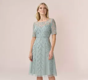 Hand-Beaded Illusion Midi-Length Fit-And-Flare Cocktail Dress In Frosted Sage