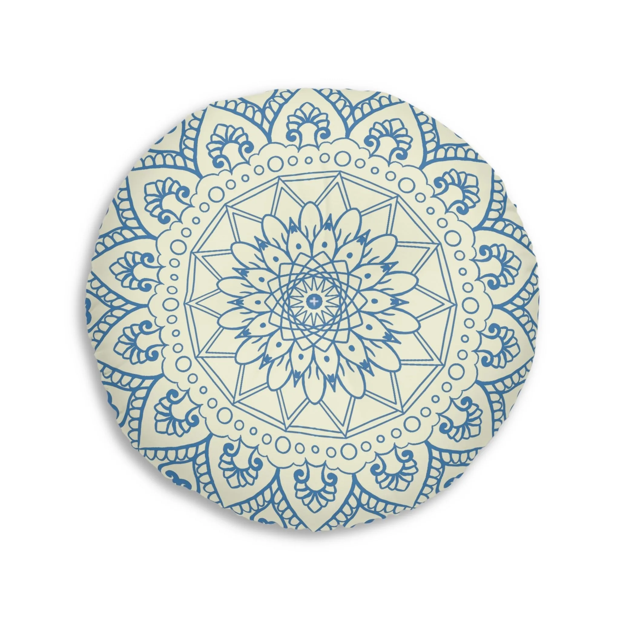 Handmade Mandala Art Floor Cushion - Steel Blue on Beige - Tufted Round Pillow