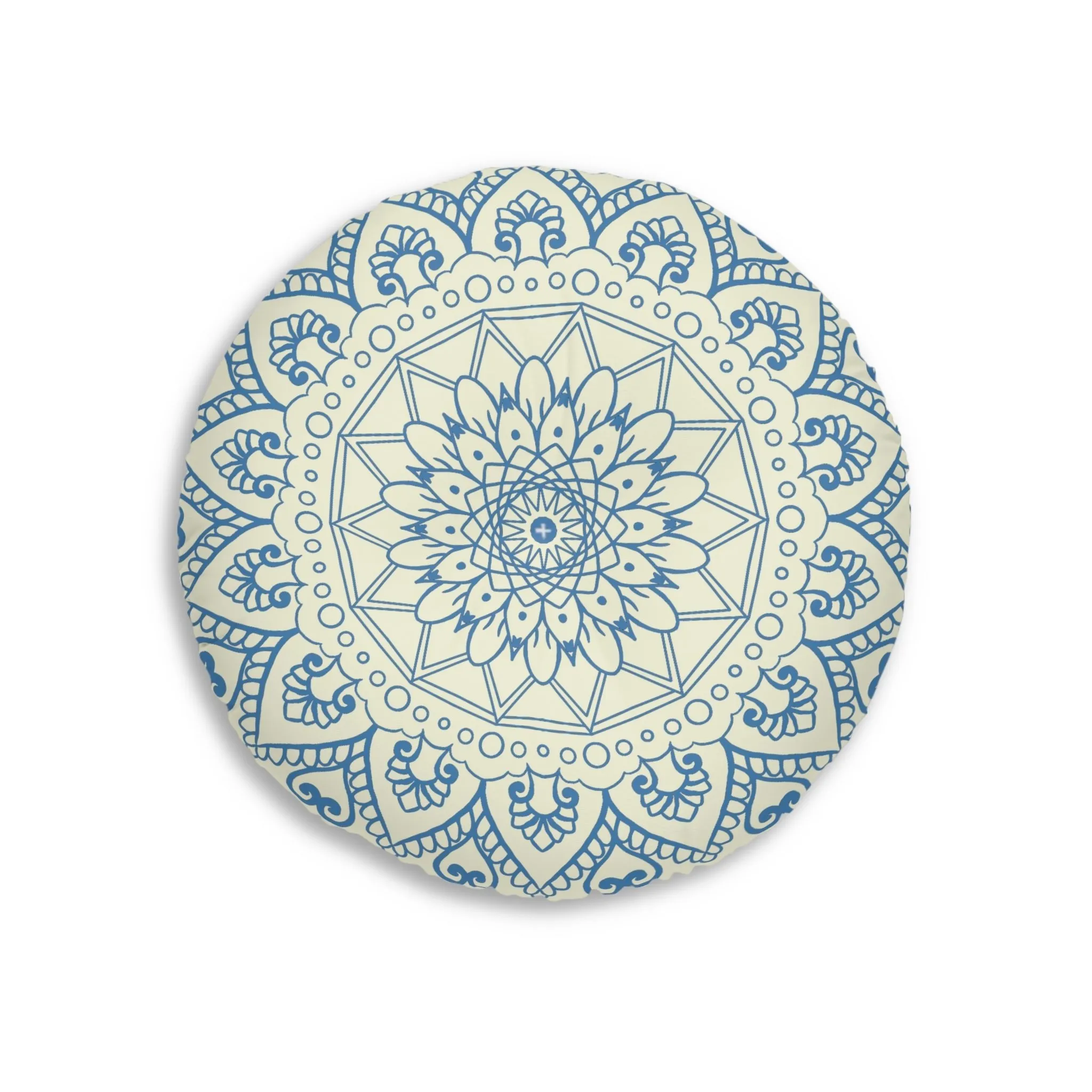 Handmade Mandala Art Floor Cushion - Steel Blue on Beige - Tufted Round Pillow