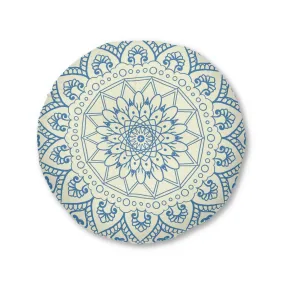 Handmade Mandala Art Floor Cushion - Steel Blue on Beige - Tufted Round Pillow