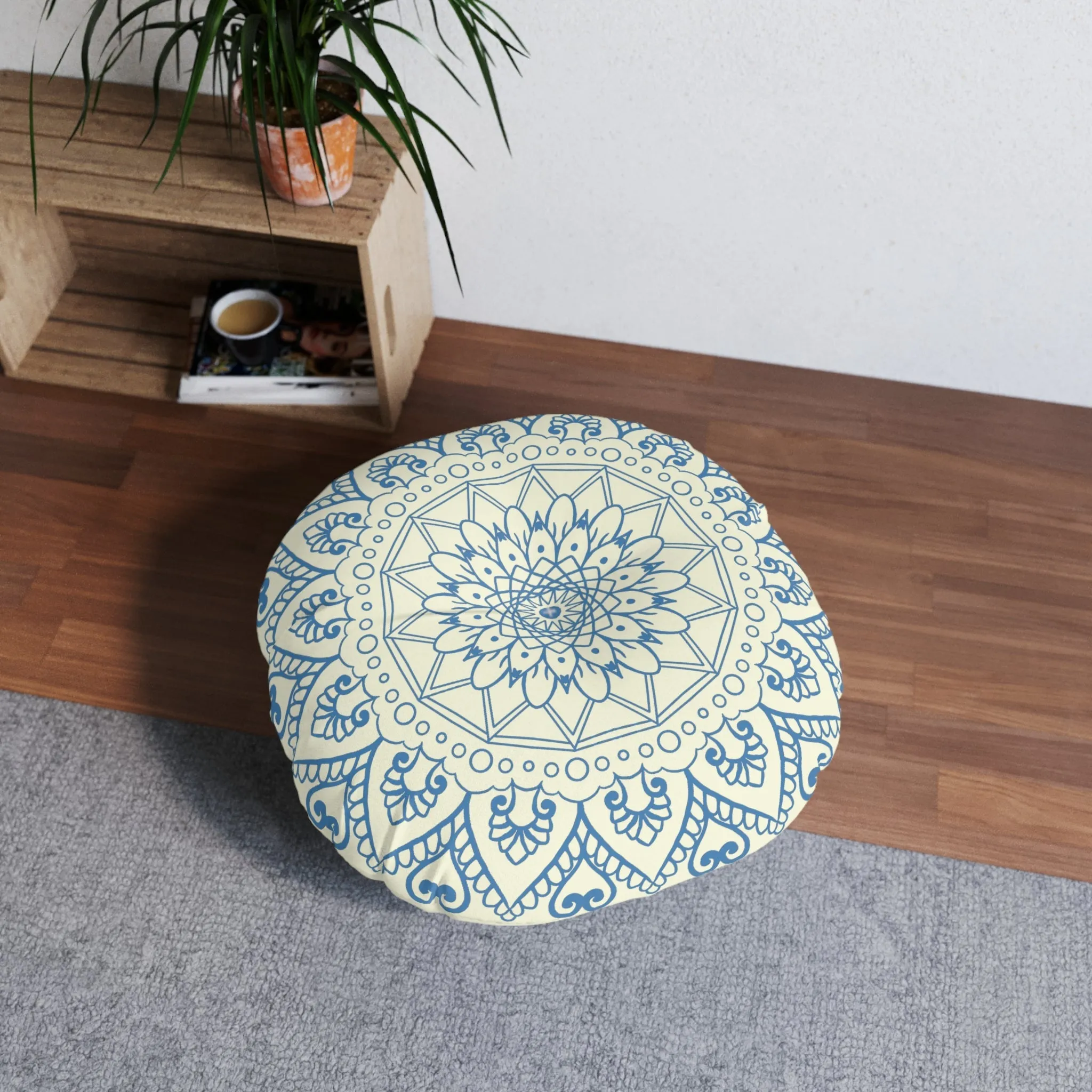 Handmade Mandala Art Floor Cushion - Steel Blue on Beige - Tufted Round Pillow