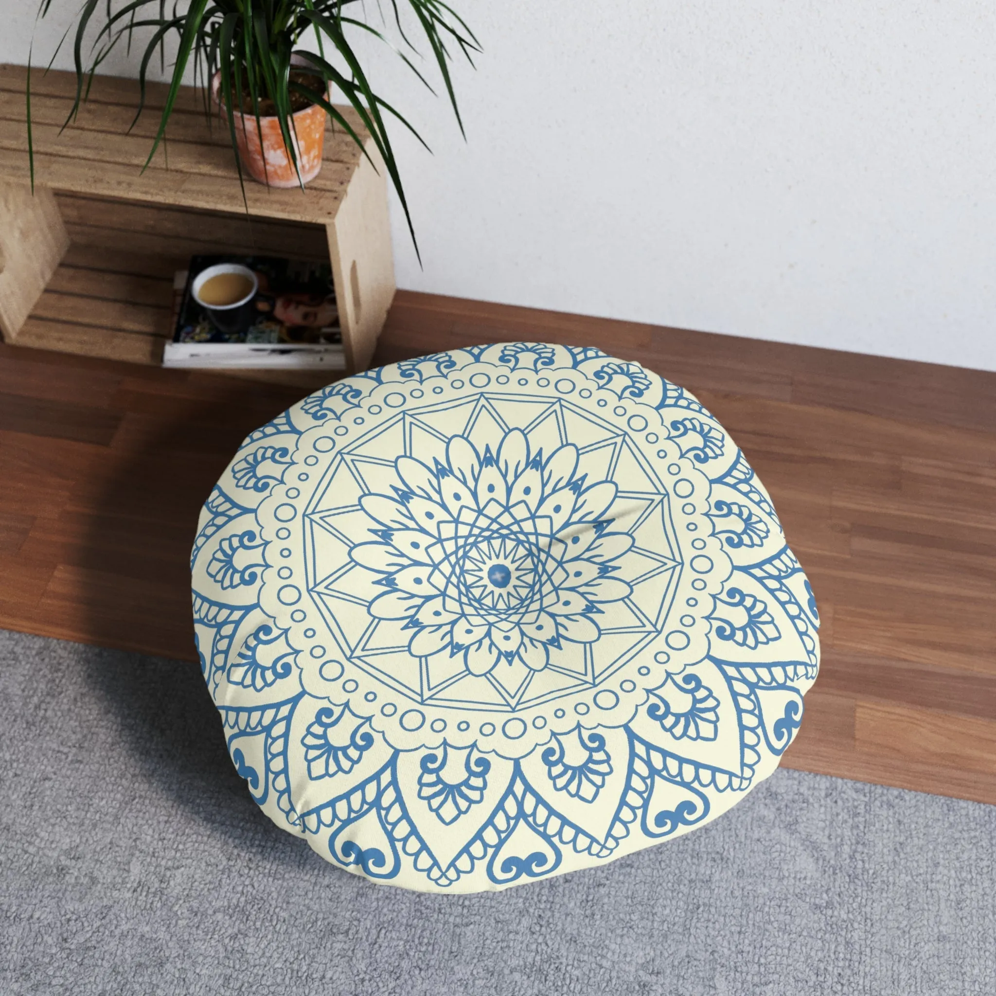 Handmade Mandala Art Floor Cushion - Steel Blue on Beige - Tufted Round Pillow