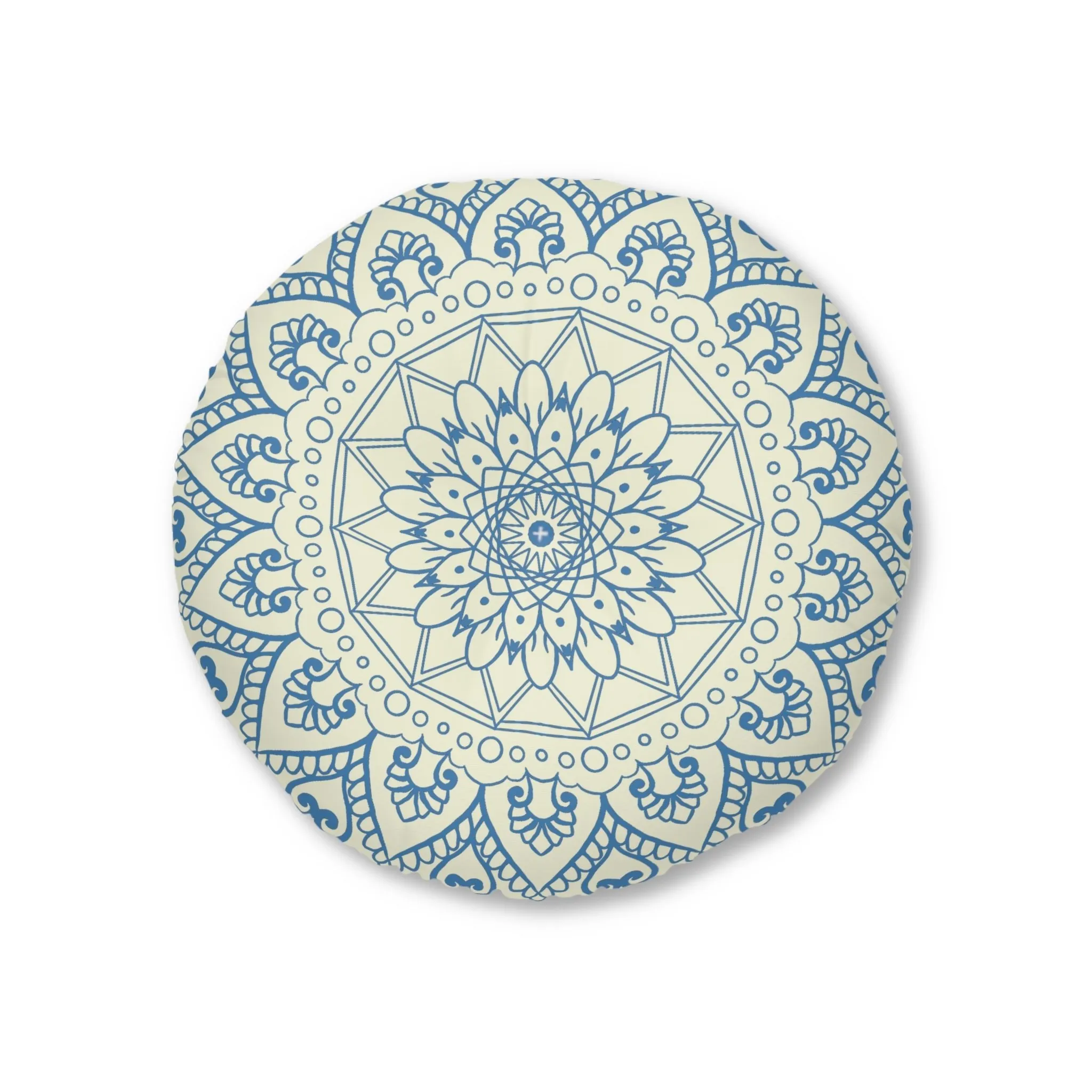 Handmade Mandala Art Floor Cushion - Steel Blue on Beige - Tufted Round Pillow