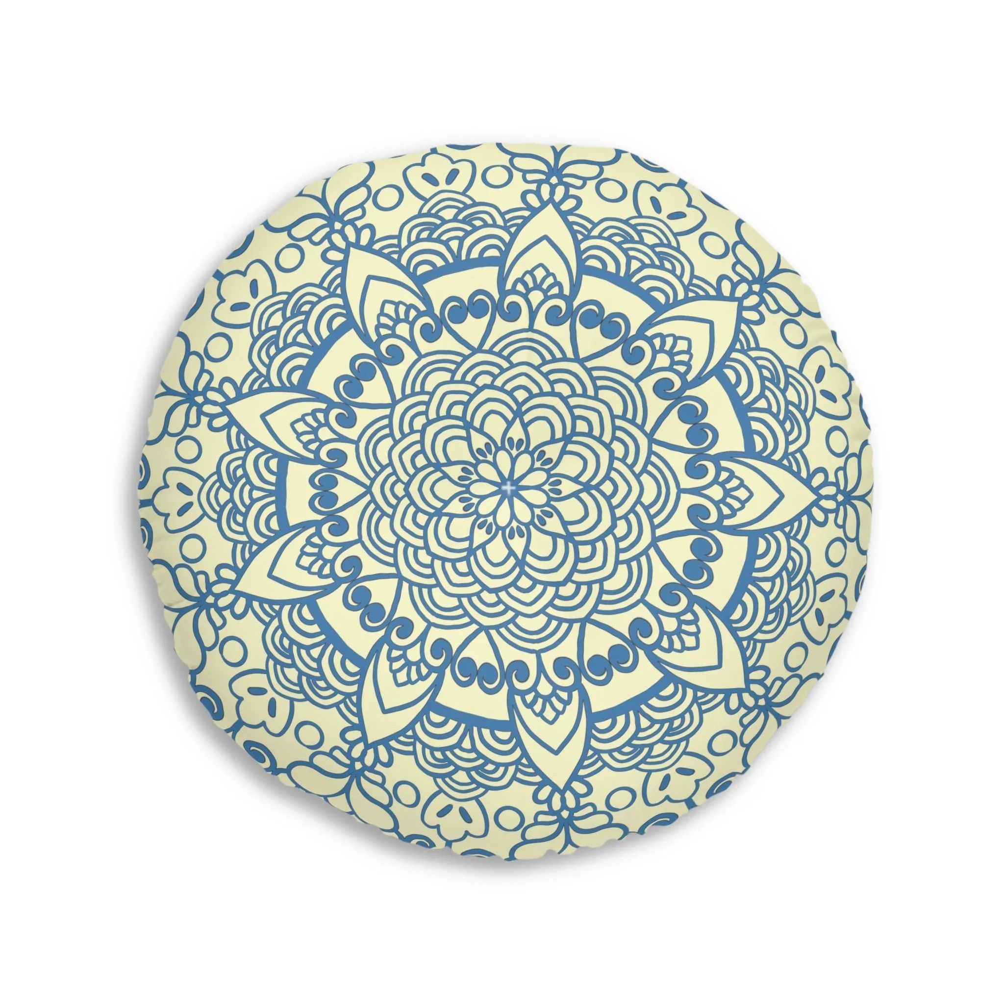 Handmade Mandala Art Floor Cushion - Steel Blue on Cream Background - Drawn by Hand - Tufted Round Pillow