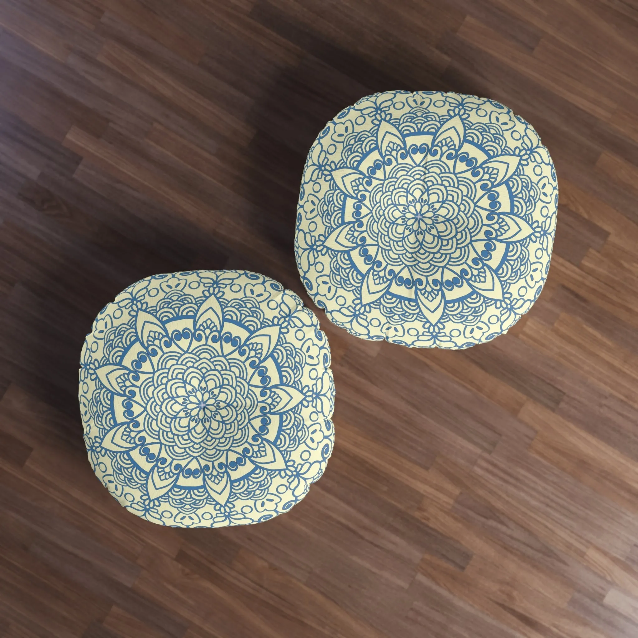 Handmade Mandala Art Floor Cushion - Steel Blue on Cream Background - Drawn by Hand - Tufted Round Pillow