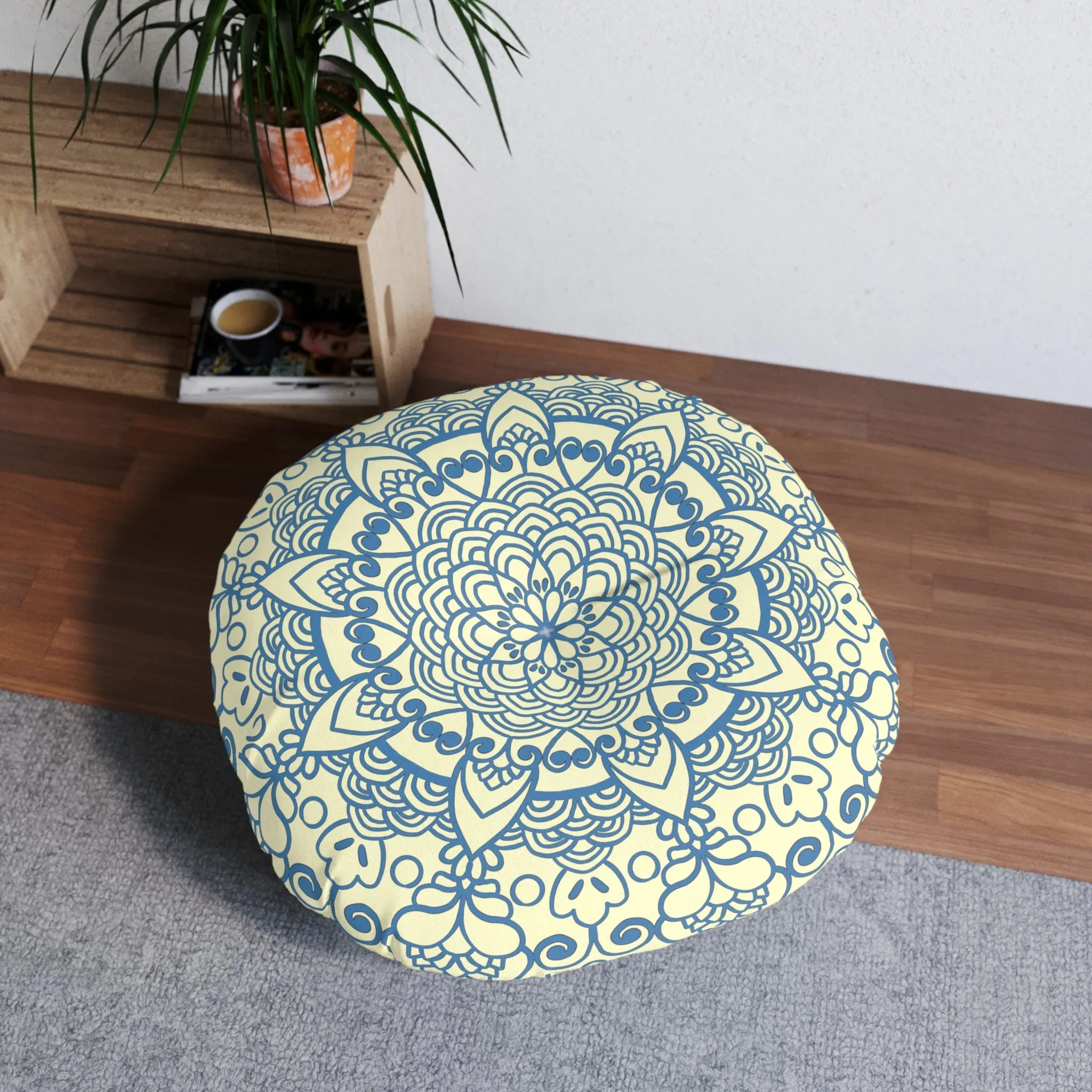 Handmade Mandala Art Floor Cushion - Steel Blue on Cream Background - Drawn by Hand - Tufted Round Pillow