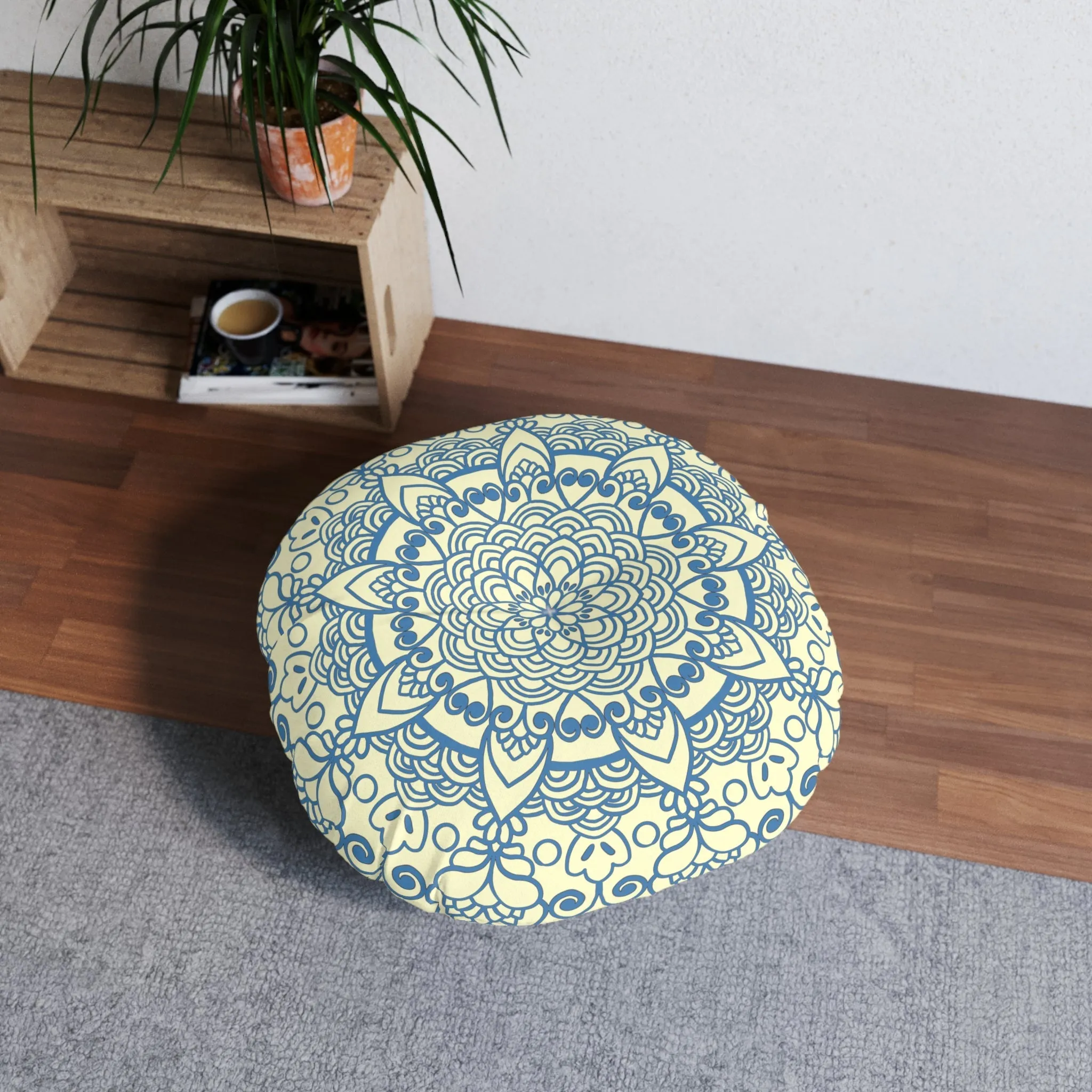 Handmade Mandala Art Floor Cushion - Steel Blue on Cream Background - Drawn by Hand - Tufted Round Pillow