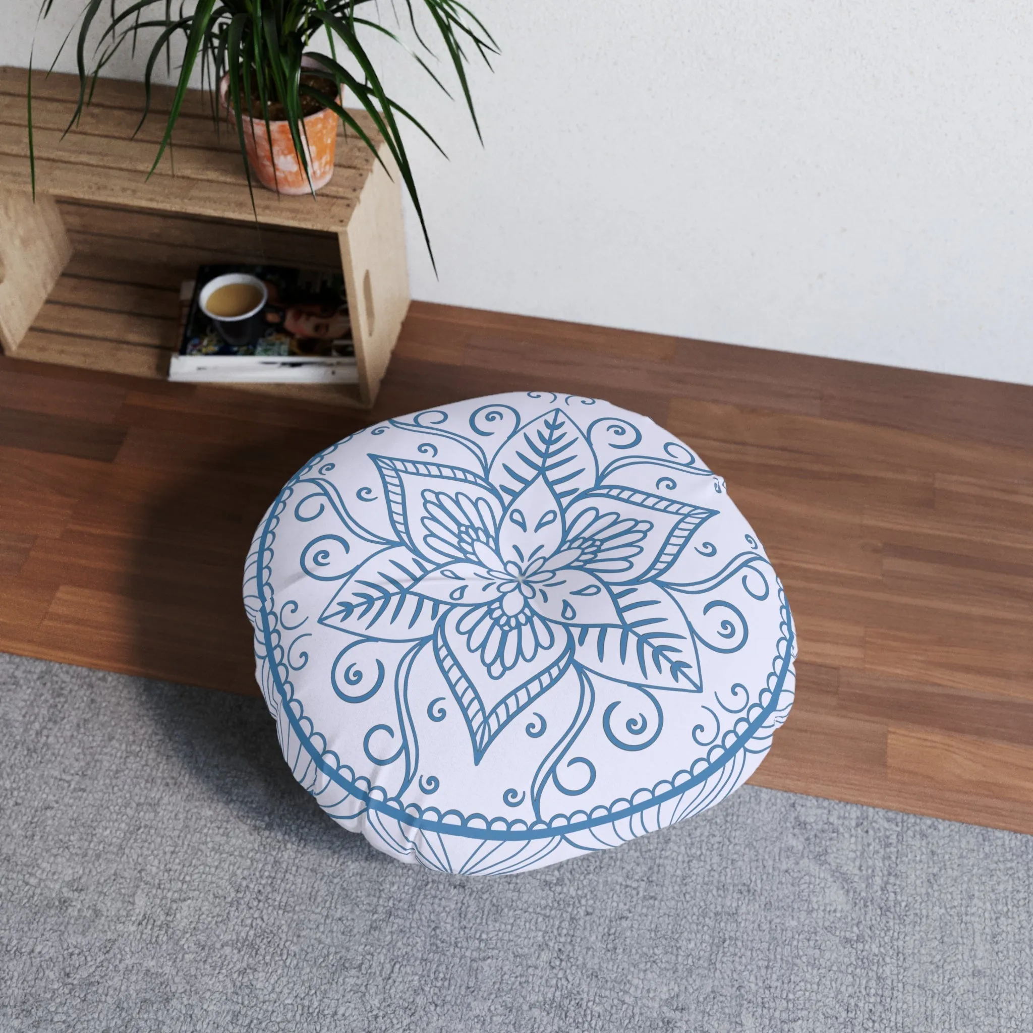 Handmade Mandala Art Floor Cushion - Steel Blue on Levander