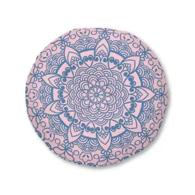 Handmade Mandala Art Floor Cushion - Steel Blue on Pastel Pink - Round