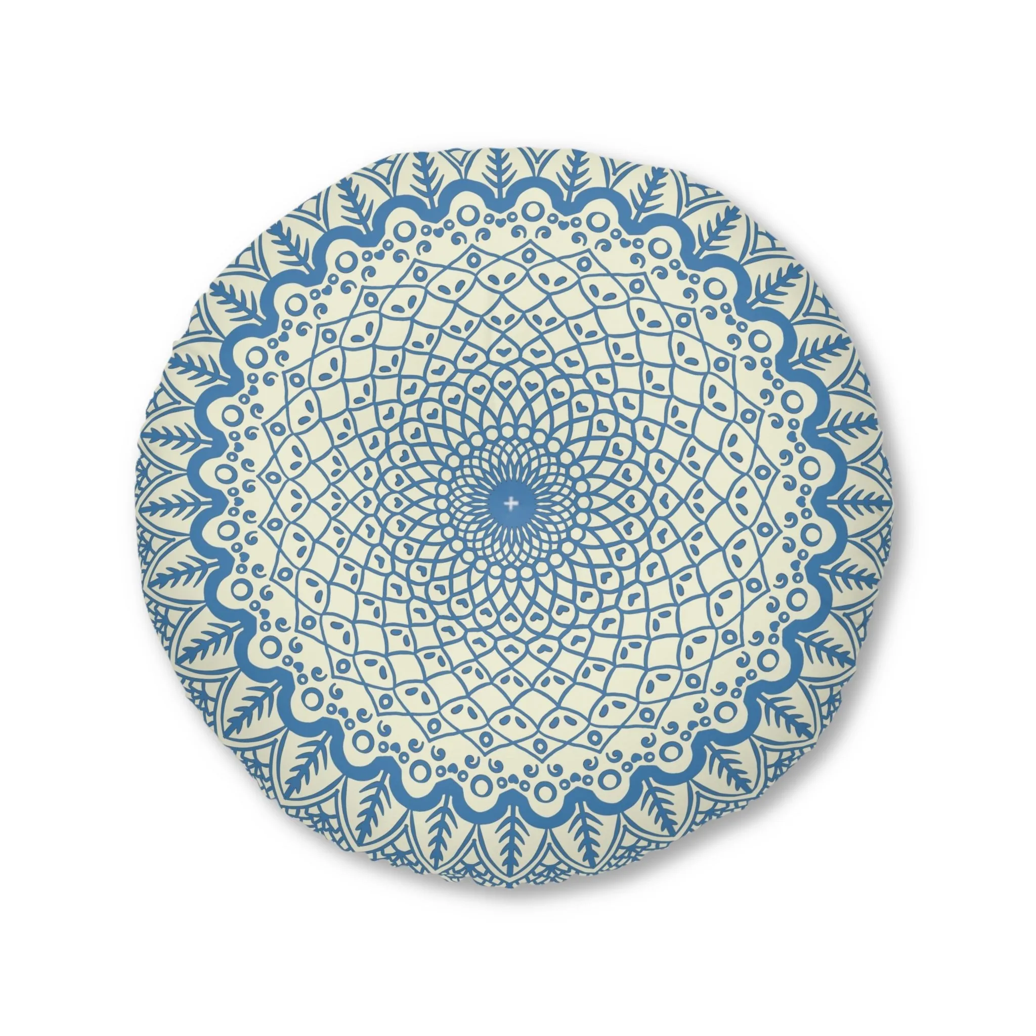 Handmade Mandala Art Round Tufted Floor Pillow - Steel Blue on Beige Background