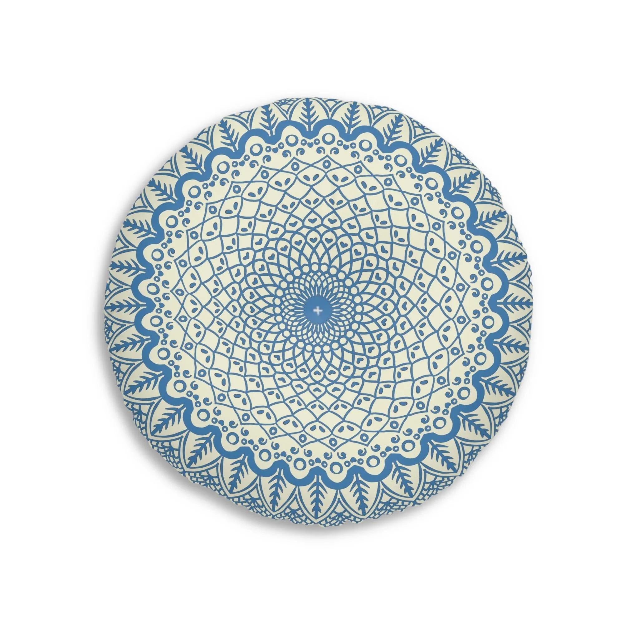 Handmade Mandala Art Round Tufted Floor Pillow - Steel Blue on Beige Background