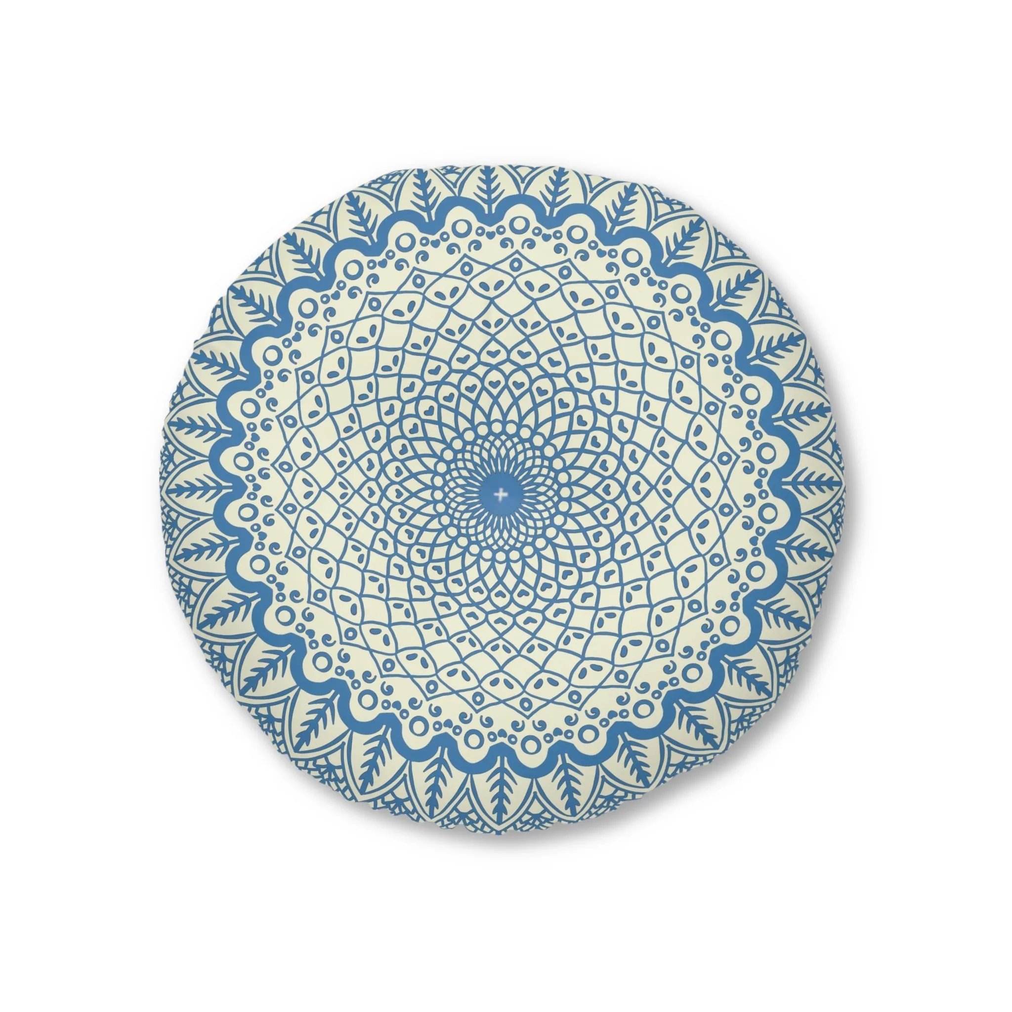 Handmade Mandala Art Round Tufted Floor Pillow - Steel Blue on Beige Background