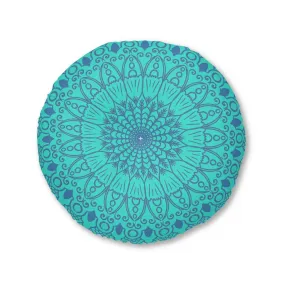 Handmade Mandala Art Tufted Floor Pillow - Steel Blue on Turquoise Background