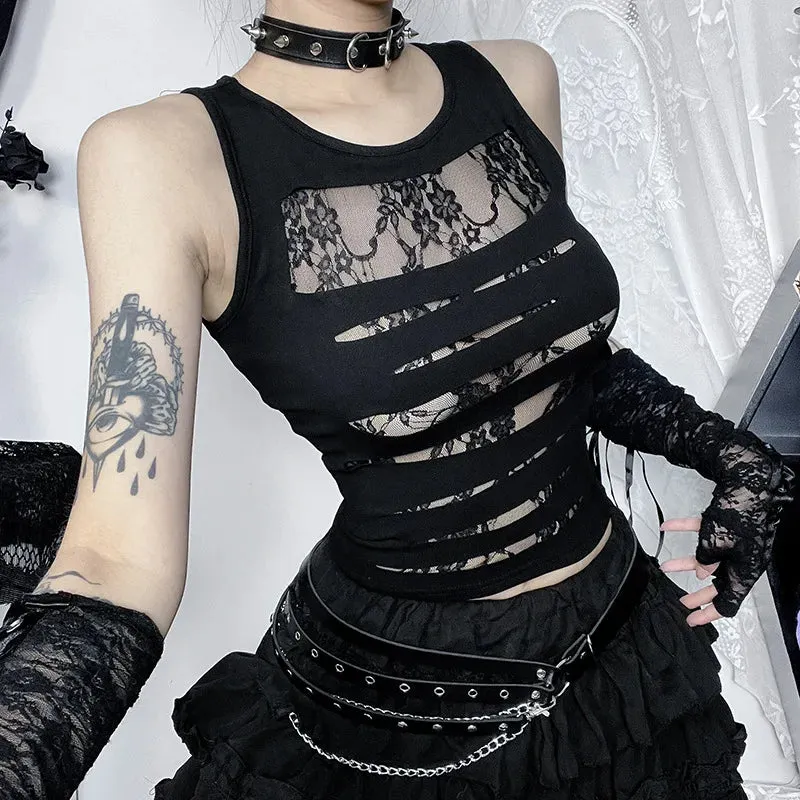 Mall Goth Hollow Out Streetwear Harajuku Mesh See Through Coquette Emo Crop Top