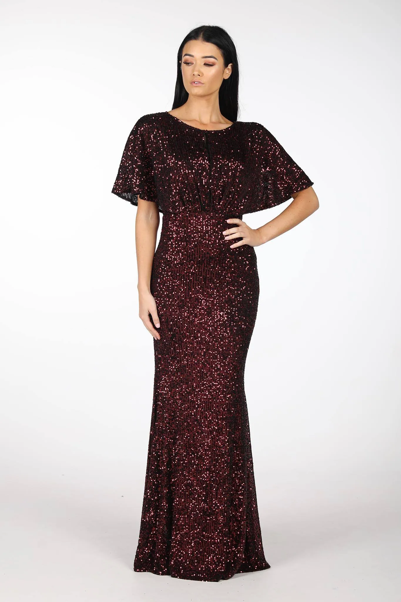 Margaret Butterfly-Sleeve Sequin Maxi Dress - Burgundy