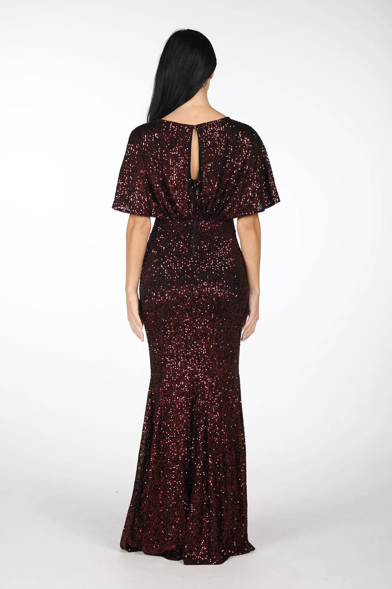 Margaret Butterfly-Sleeve Sequin Maxi Dress - Burgundy