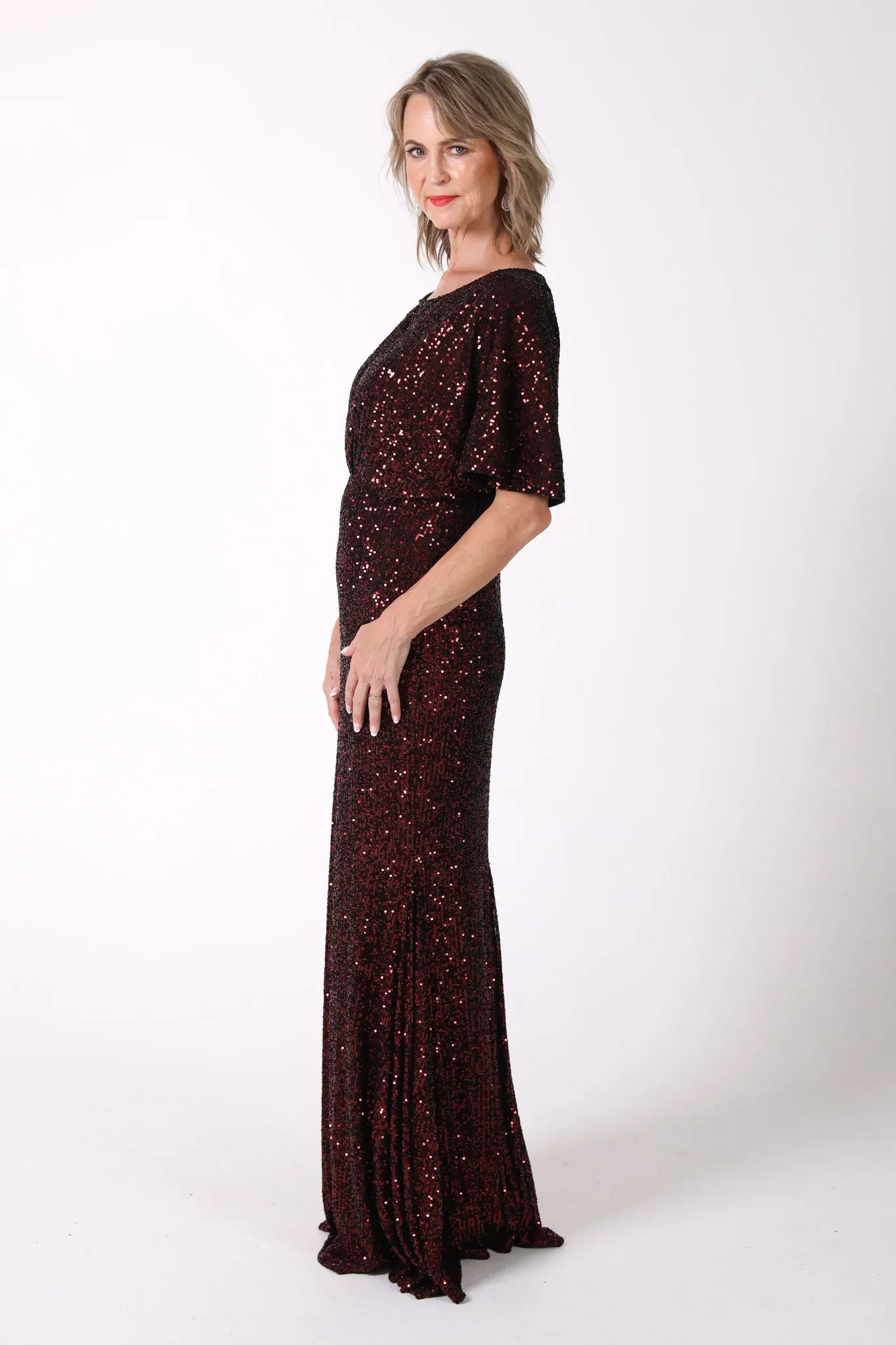 Margaret Butterfly-Sleeve Sequin Maxi Dress - Burgundy