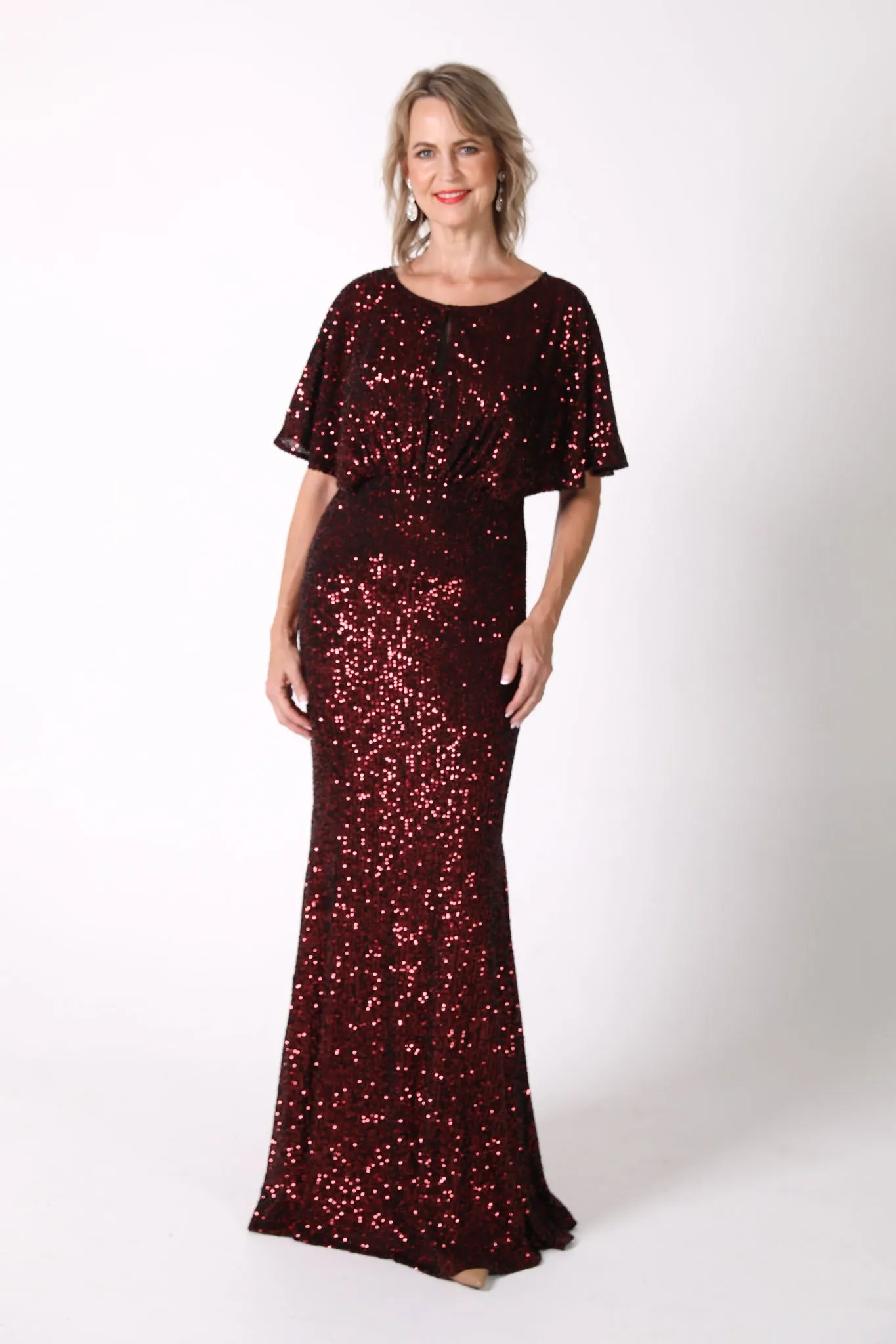 Margaret Butterfly-Sleeve Sequin Maxi Dress - Burgundy