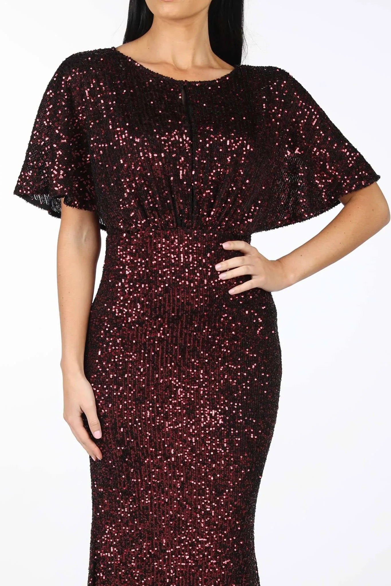 Margaret Butterfly-Sleeve Sequin Maxi Dress - Burgundy