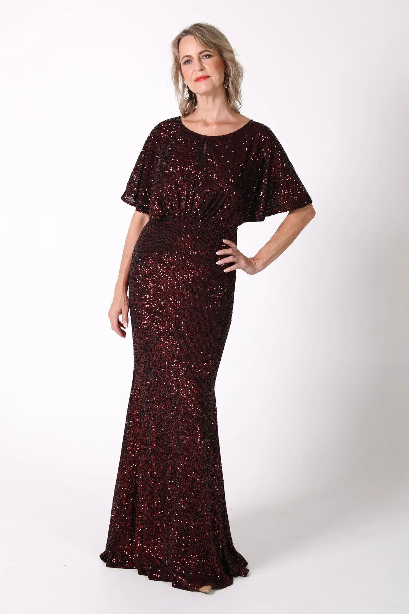 Margaret Butterfly-Sleeve Sequin Maxi Dress - Burgundy