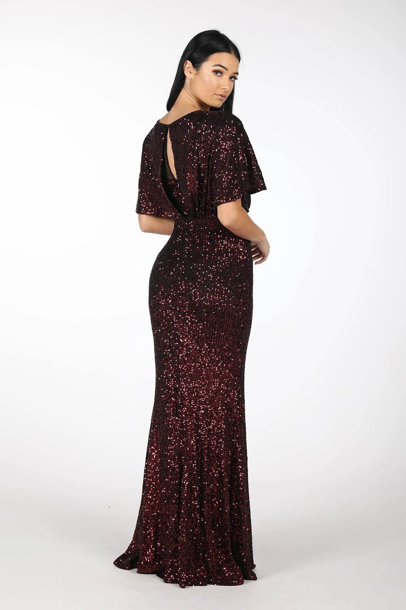 Margaret Butterfly-Sleeve Sequin Maxi Dress - Burgundy