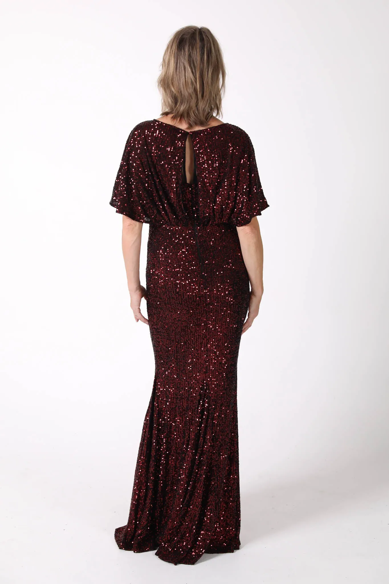 Margaret Butterfly-Sleeve Sequin Maxi Dress - Burgundy