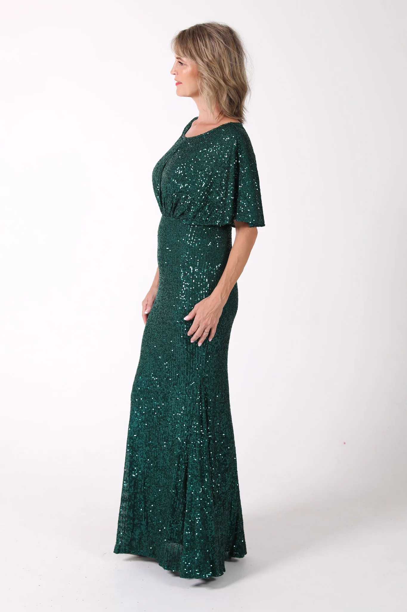 Margaret Butterfly-Sleeve Sequin Maxi Dress - Emerald