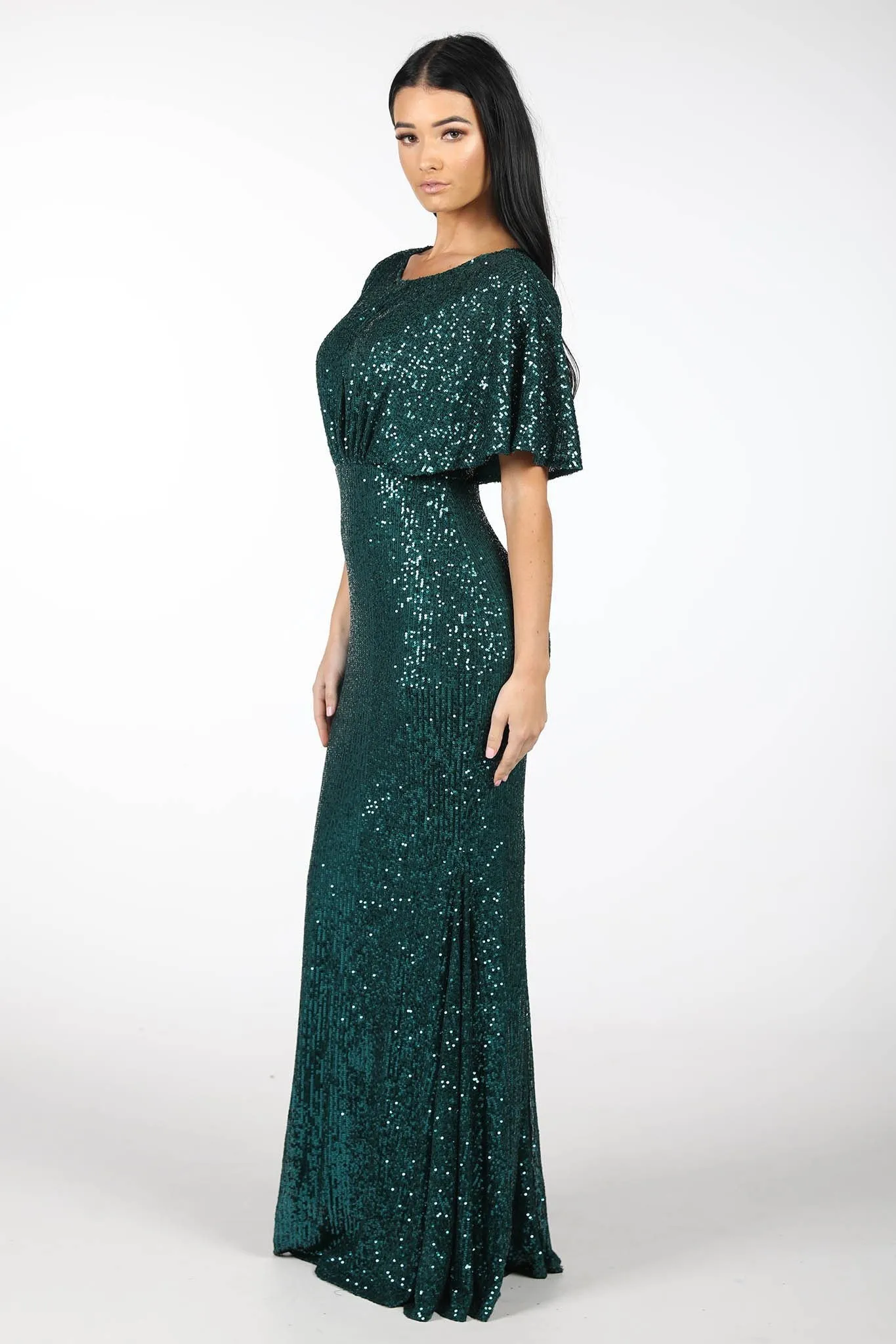 Margaret Butterfly-Sleeve Sequin Maxi Dress - Emerald