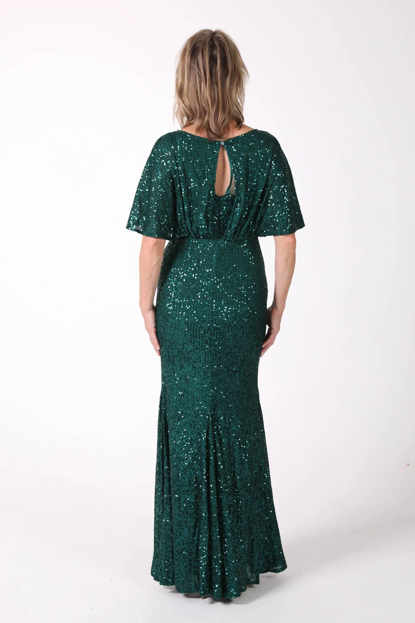 Margaret Butterfly-Sleeve Sequin Maxi Dress - Emerald