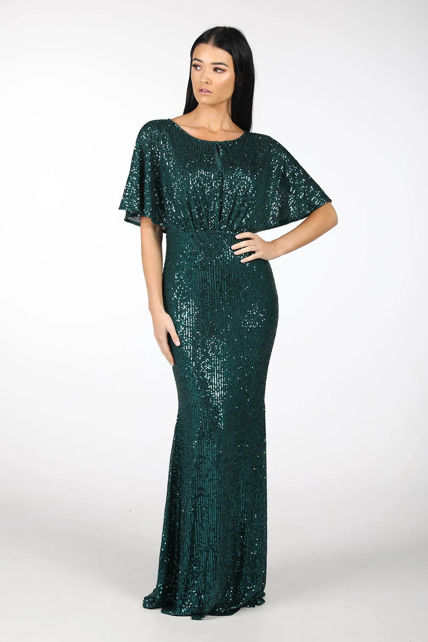 Margaret Butterfly-Sleeve Sequin Maxi Dress - Emerald