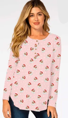 [Pre Order] Holiday Classics Merry & Pink - Women's Long Sleeve Printed Bamboo Snap Top (EST SHIP LATE OCT)