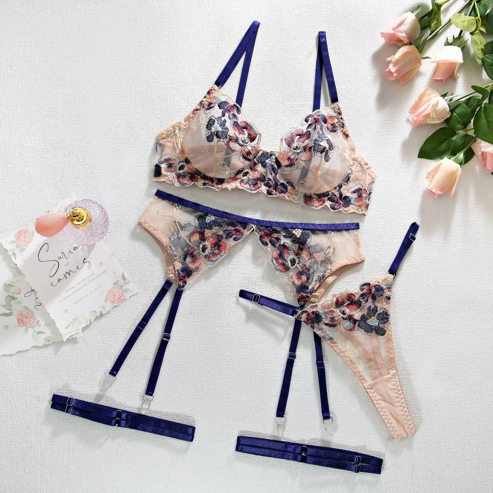 Transparent Lace Bra Set with Panty and Garter - Sexy Floral Lingerie