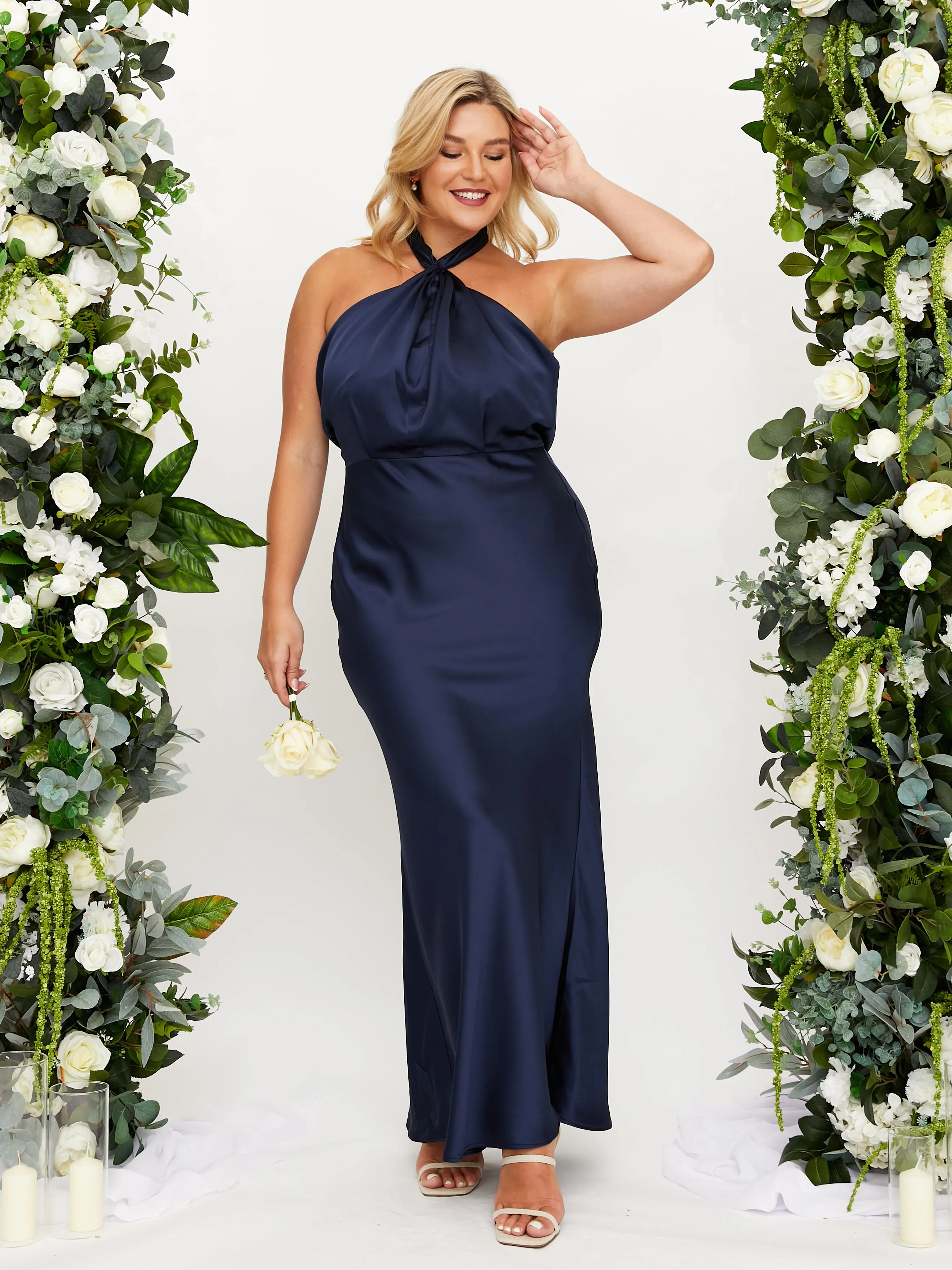 Twist Neck Satin Maxi Dress / Navy