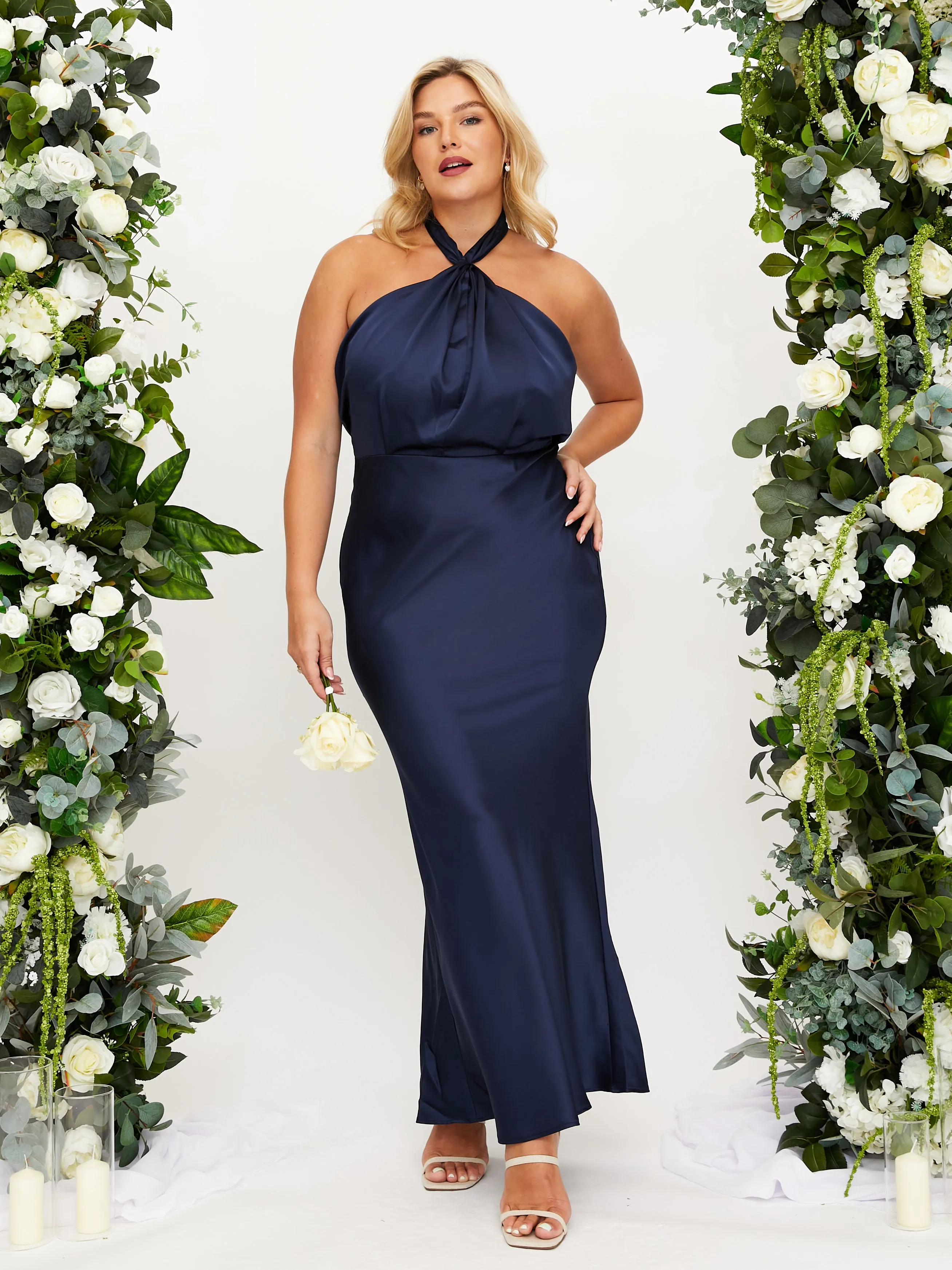 Twist Neck Satin Maxi Dress / Navy