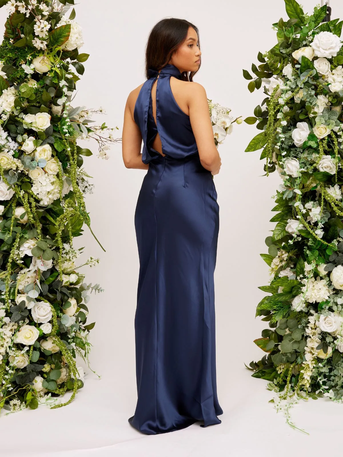 Twist Neck Satin Maxi Dress / Navy