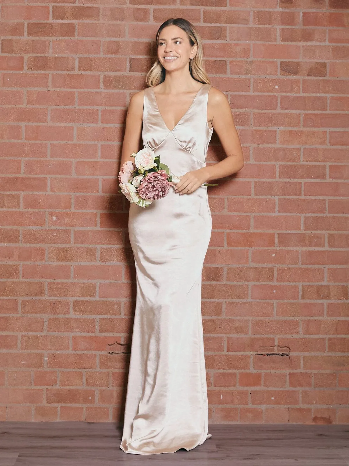 V Neck Satin Maxi Dress / Champagne