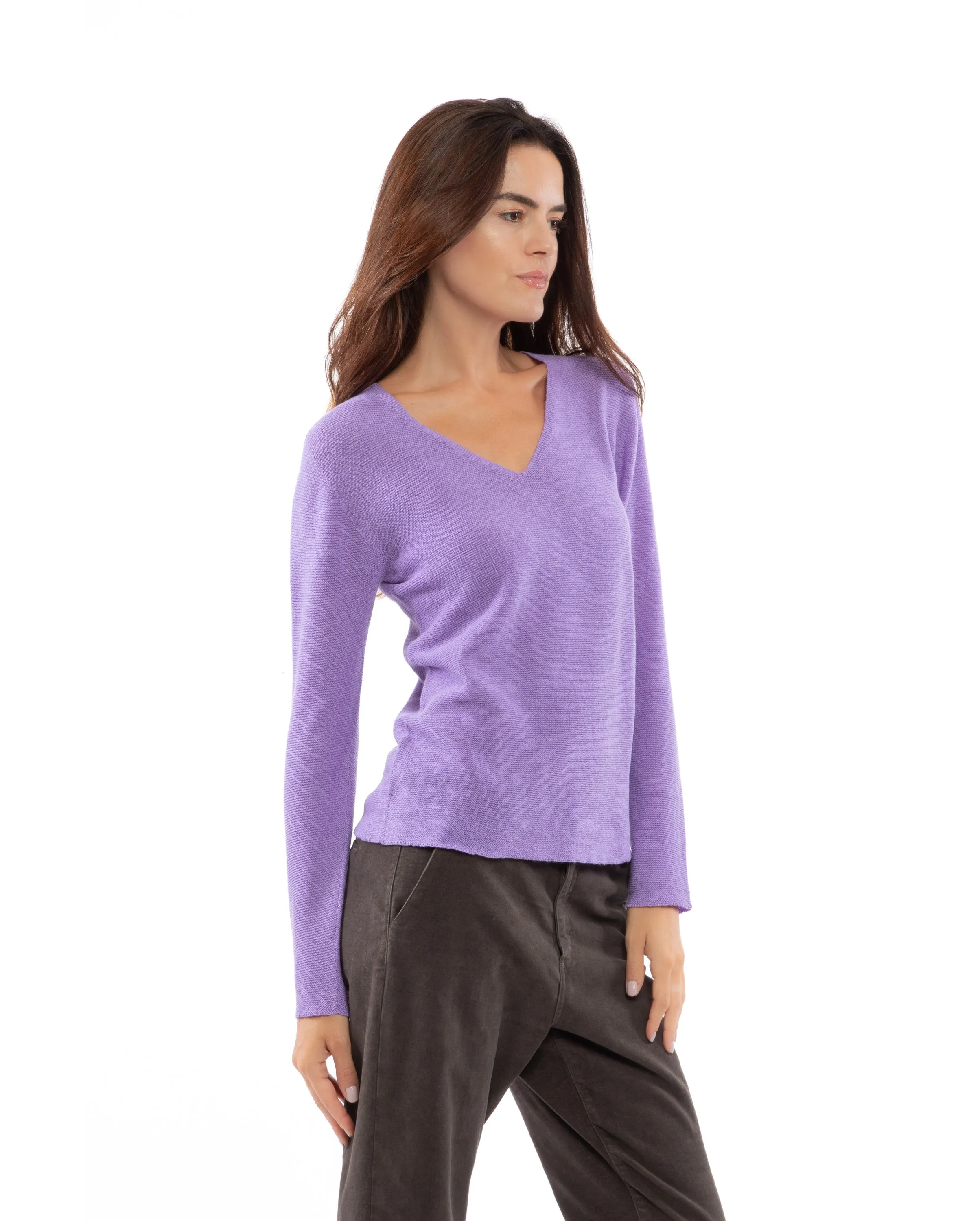 Women's Pure Cashmere Links Stitch V-Neck Lavender